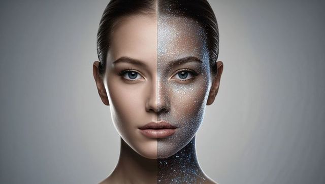 Split-face glitter makeup portrait showing half natural skin half metallic iridescent look