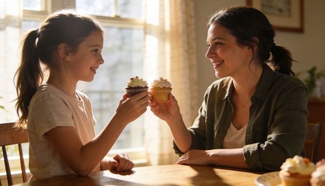 Mother and Daughter Clinking Cupcakes in Sunlit Kitchen, Smiling Family Celebration