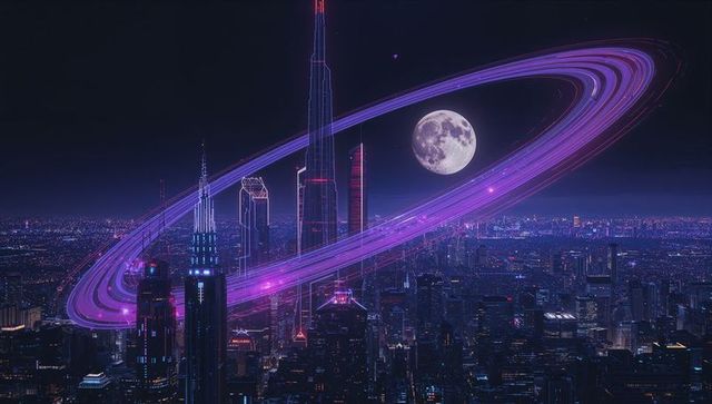 Futuristic Cityscape with Neon Glow and Ringed Orb