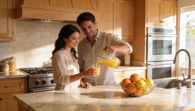 Couple pouring fresh orange juice at sunlit kitchen island during morning