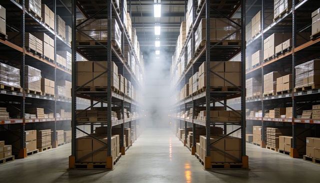 Symmetrical warehouse aisle with high-bay racks, pallets, stacked boxes and hazy lighting