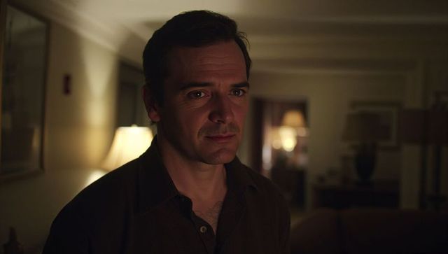 Middle-aged man standing in dim living room gazing pensively under warm lamp light