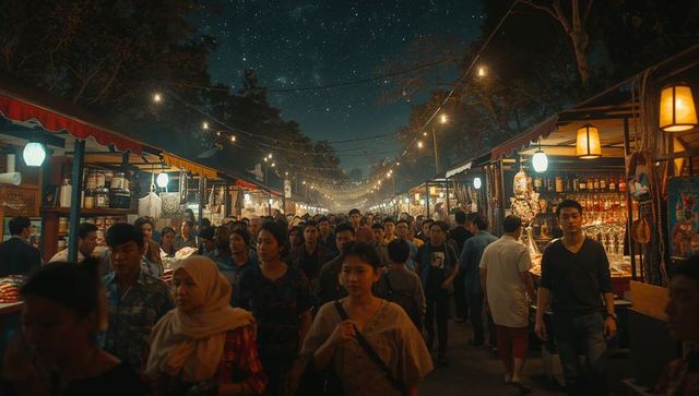 Bustling night market with people and lanterns atmosphere