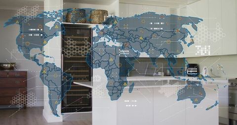 Futuristic world map overlaying modern kitchen island with wine fridge and smart hud visualization