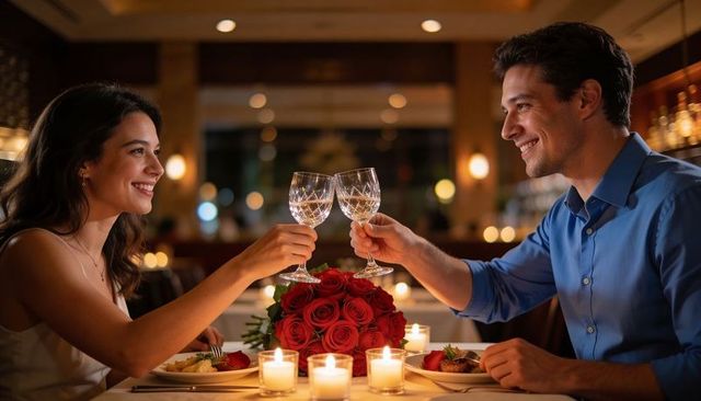 Romantic candlelit dinner couple clinking crystal glasses over red rose bouquet