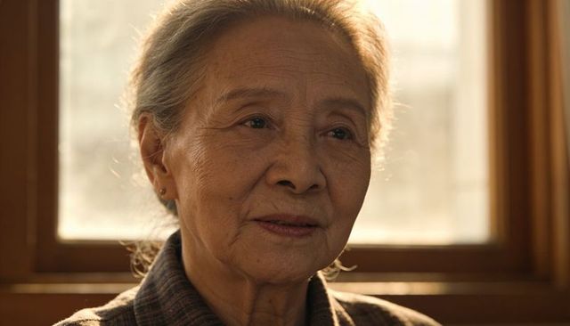 Serene senior asian woman portrait backlit by window warm light contemplative expression