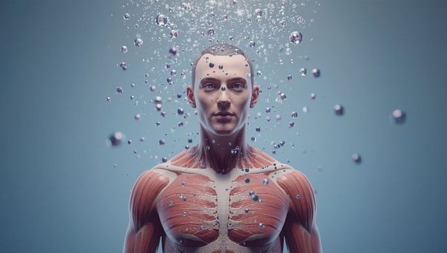 3d anatomical male torso with muscles under water droplets
