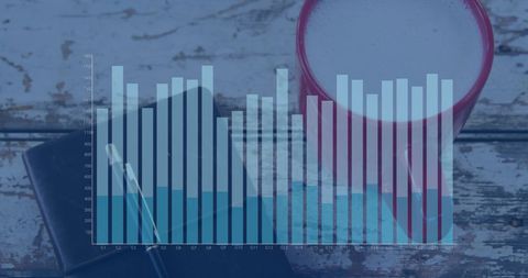 Digital Data Analysis Overlay on Study Desk with Coffee Cup
