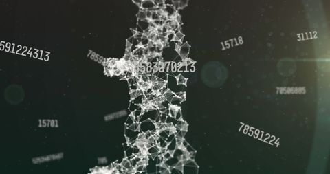 Abstract visualization depicting data connectivity through a network of interconnected geometric shapes and floating numbers. Ideal for illustrating technological advancements, data analysis, digital communication, or virtual networks.