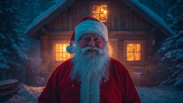 Santa claus at snowy cabin illuminated by warm candlelight