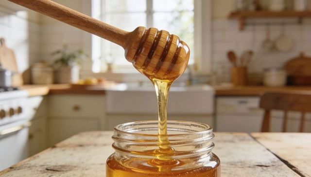 Wooden honey dipper pouring golden honey into glass jar on sunlit farmhouse countertop
