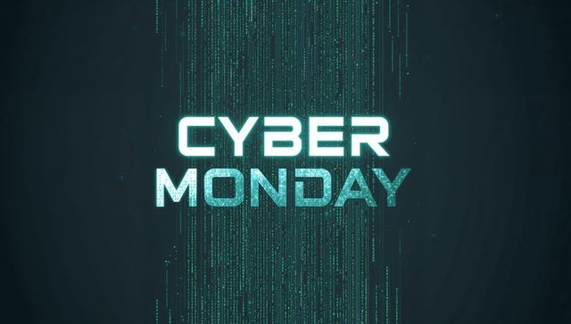 Futuristic cyber monday neon banner featuring streaming binary code, digital glow, sale
