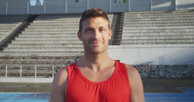 Confident man wearing red vest standing in front of an empty stadium. Ideal for websites, fitness blogs, sports advertisements, and motivational content. High-resolution image can be used for promoting sports events, health and fitness magazines, or active lifestyle articles.