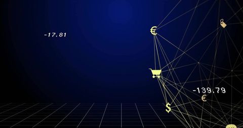 Digital finance network with currency icons and negative values