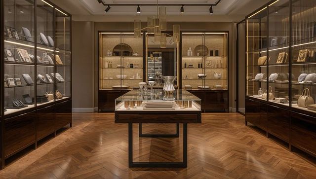 Luxury boutique showcasing central glass display table, brass details, warm lighting