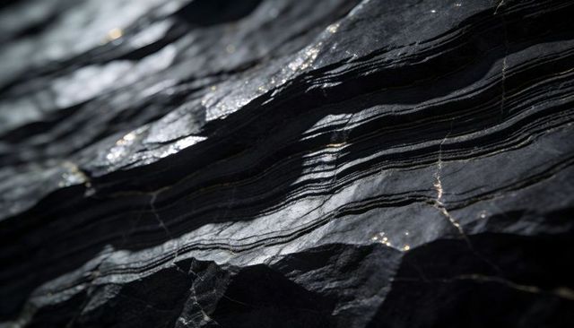 Dark layered bedrock with metallic veinlets and tight lamination texture