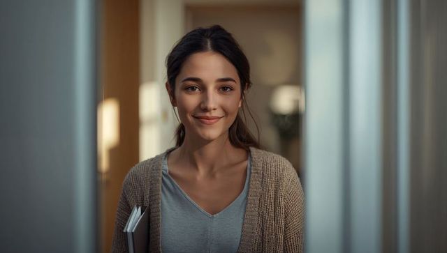 Young woman standing in hallway holding notebook under arm, warm soft-focus portrait, calm