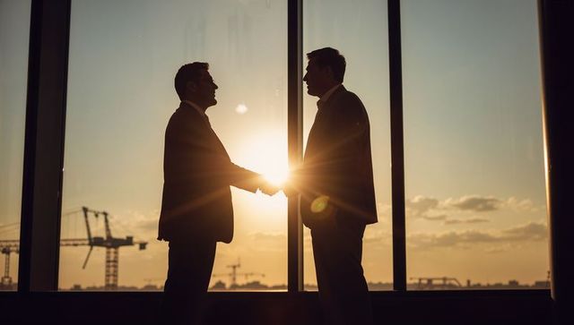Silhouetted business leaders shaking hands at sunset with city cranes and lens flare
