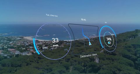 Electric vehicle hud interface over scenic landscape