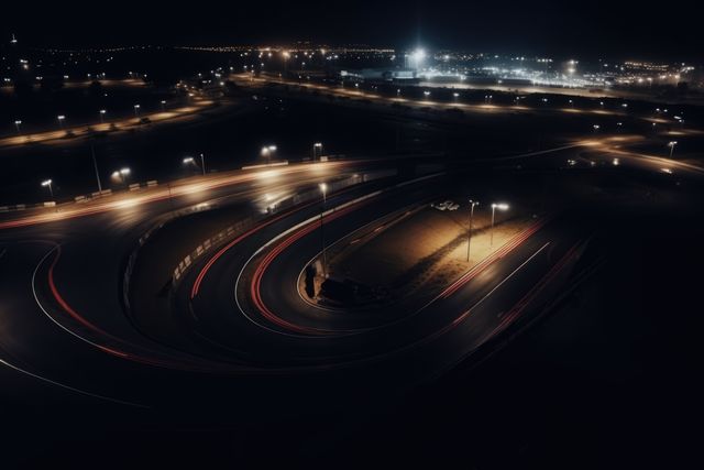 Aerial view of lit car race track at night, created using generative ai technology. Car racing, sports and competition concept digitally generated image.