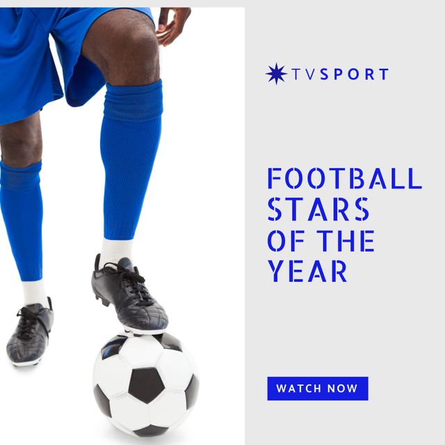 Image showcases part of a football player's legs, emphasizing an advertisement for a TV sports show that highlights the football stars of the year. Could be used for sports promotions, TV show advertisements, sports channels, or social media promotions related to football events and stars.