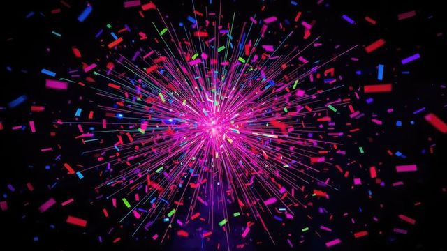 Vibrant Neon Light Burst with Multicolored Confetti Explosion