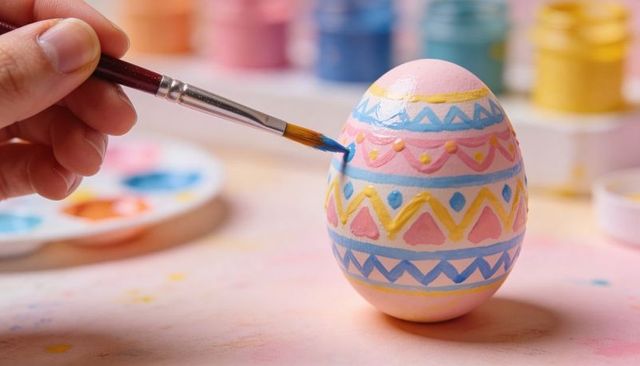 Hand decorating pastel easter egg with brush and palette closeup for spring crafts