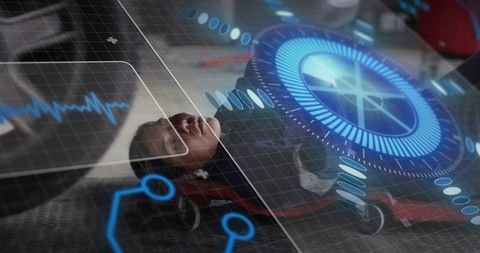 Reclining Woman Gazing at Holographic AR Control Dial Touchscreen in Futuristic Cabin