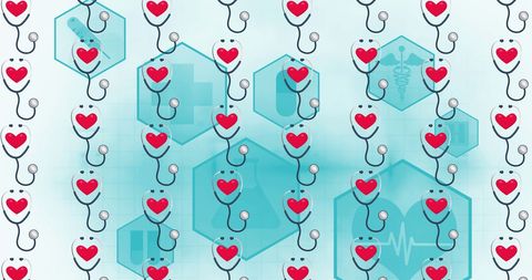 Digital medical icons with heart motif and vaccine theme