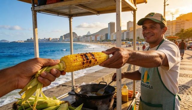 Smiling brazilian vendor handing grilled corn on beachfront promenade at sunset
