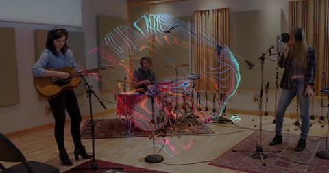 Musicians Collaborating in Recording Studio with Vibrant Audio Wave Overlay