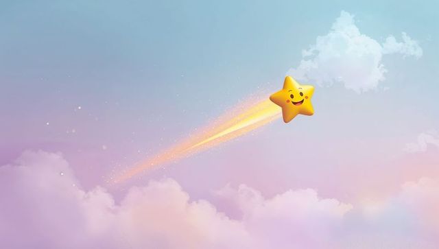 Smiling shooting star soaring through pastel sky with glittering trail and pink clouds