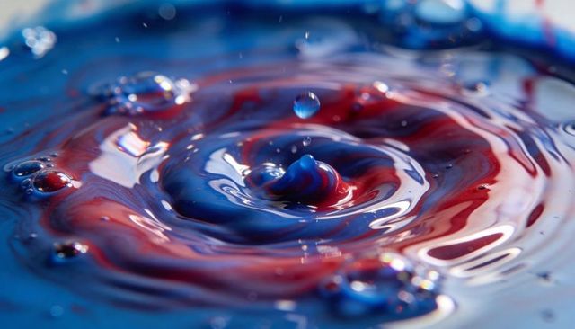 Macro droplet forming crown with red and blue marbled ripples and glossy reflection