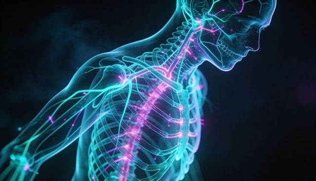 Neon Biomedical Spine and Upper Torso Render with Glowing Cyan Nerves and Magenta Nodes