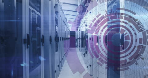 Digital Data Processing Animation in Server Room Environment