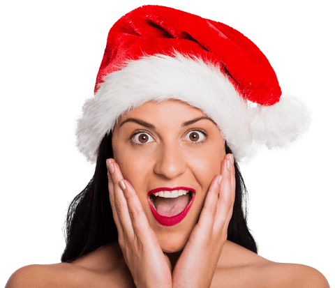 Surprised Woman with Red Santa Hat on Transparent Background