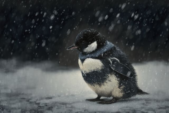 Young penguin hatchling standing alone in heavy snowfall. Ideal for winter-themed designs, wildlife conservation campaigns, educational materials, and children’s books showcasing Antarctic animals.