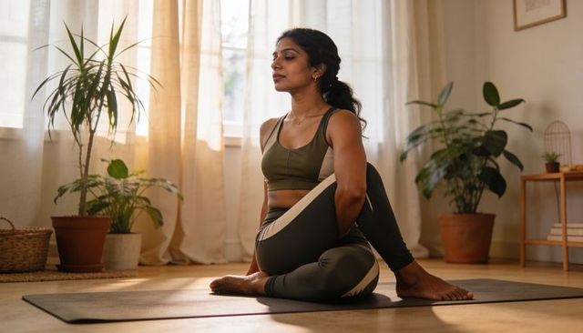 Practicing seated spinal twist in sunlit minimal living room with earthy plants calm