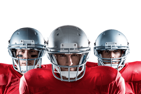 Caucasian rugby players in helmets on transparent background