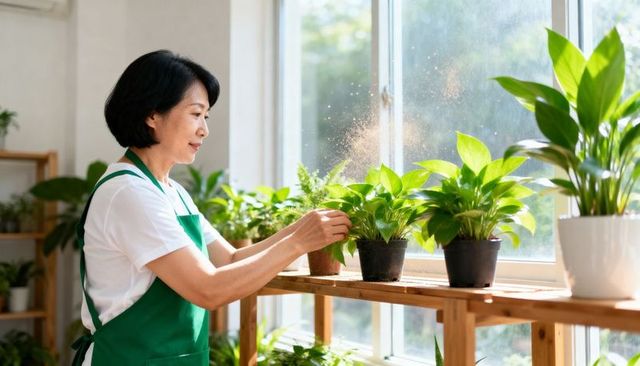 Tending indoor houseplants on sunlit shelf, woman caring for potted green foliage