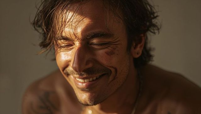 Sunlit smiling shirtless man tilting head showing necklace earring tattoos bruise closeup portrait