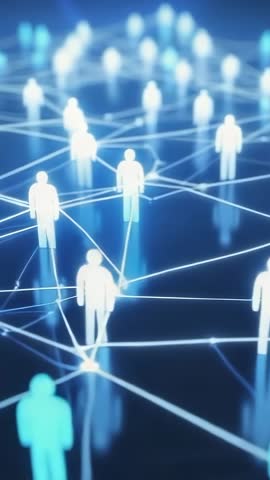 Vertical video panning over glowing network of connected human icons for digital connectivity