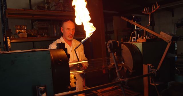 Male Worker Using Blowtorch for Glasscrafting in Factory - Download Free Stock Images Pikwizard.com