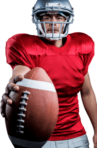 Transparent american football player holding ball with focus