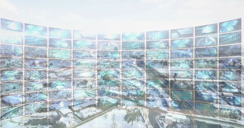 Curved Monitor Wall Displaying Digital Data Over Suburban Winter Landscape