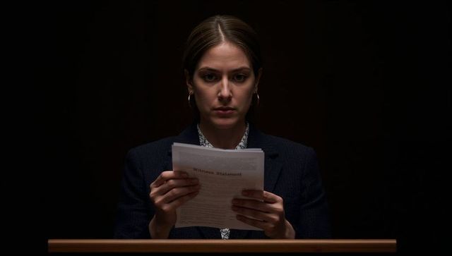 Woman reading witness statement at courtroom lectern under dramatic spotlight