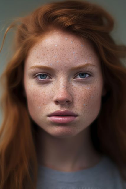 Portrait of red haired woman with blue eyes and freckles, created using generative ai technology. Natural beauty, skin, sun, genetics and pigmentation concept digitally generated image.