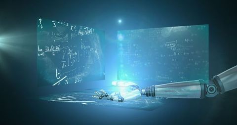 Robotic hand interacting with virtual mathematical formulas