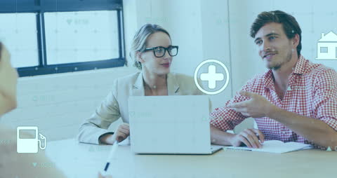 Dynamic Icons Over Business Meeting Illustrating Digital Collaboration