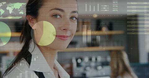 Futuristic data analysis: woman integrates technology with business insights